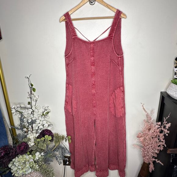 FREE PEOPLE FP One Callie One Piece Waffle Jumpsuit Washed Red Sz L $98 {L48} - Picture 2 of 5